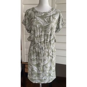 Hilary Radley Dress Short Sleeve Palm tree drawstring waist pockets M Tropical